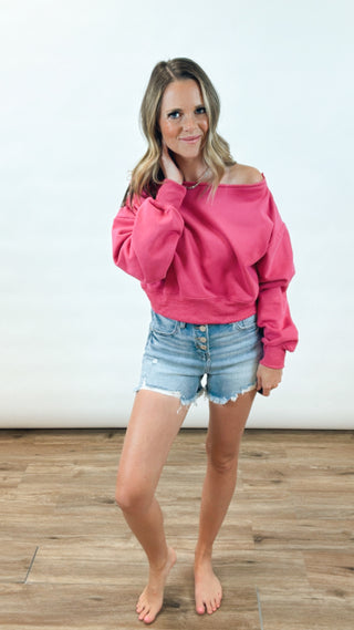 Alina Off The Shoulder Pullover- Hot PInk