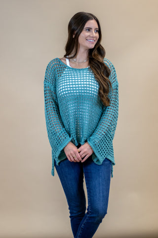 Focus On Me Mesh Sweater- Dusky Teal