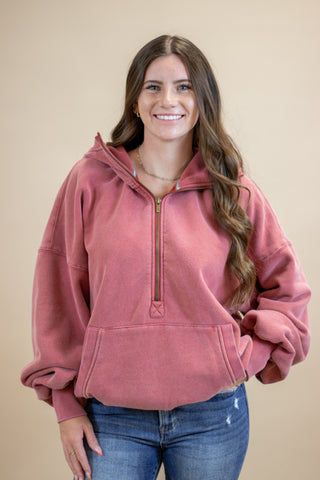 Oversized HalfZip Hoodie- Strawberry