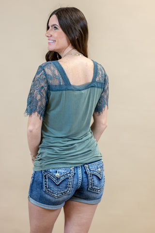 Still The One Lace Sleeve Top- Sea Moss