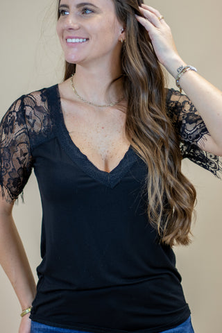 Still The One Lace Sleeve Top- Black