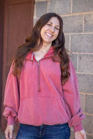 Oversized HalfZip Hoodie- Strawberry